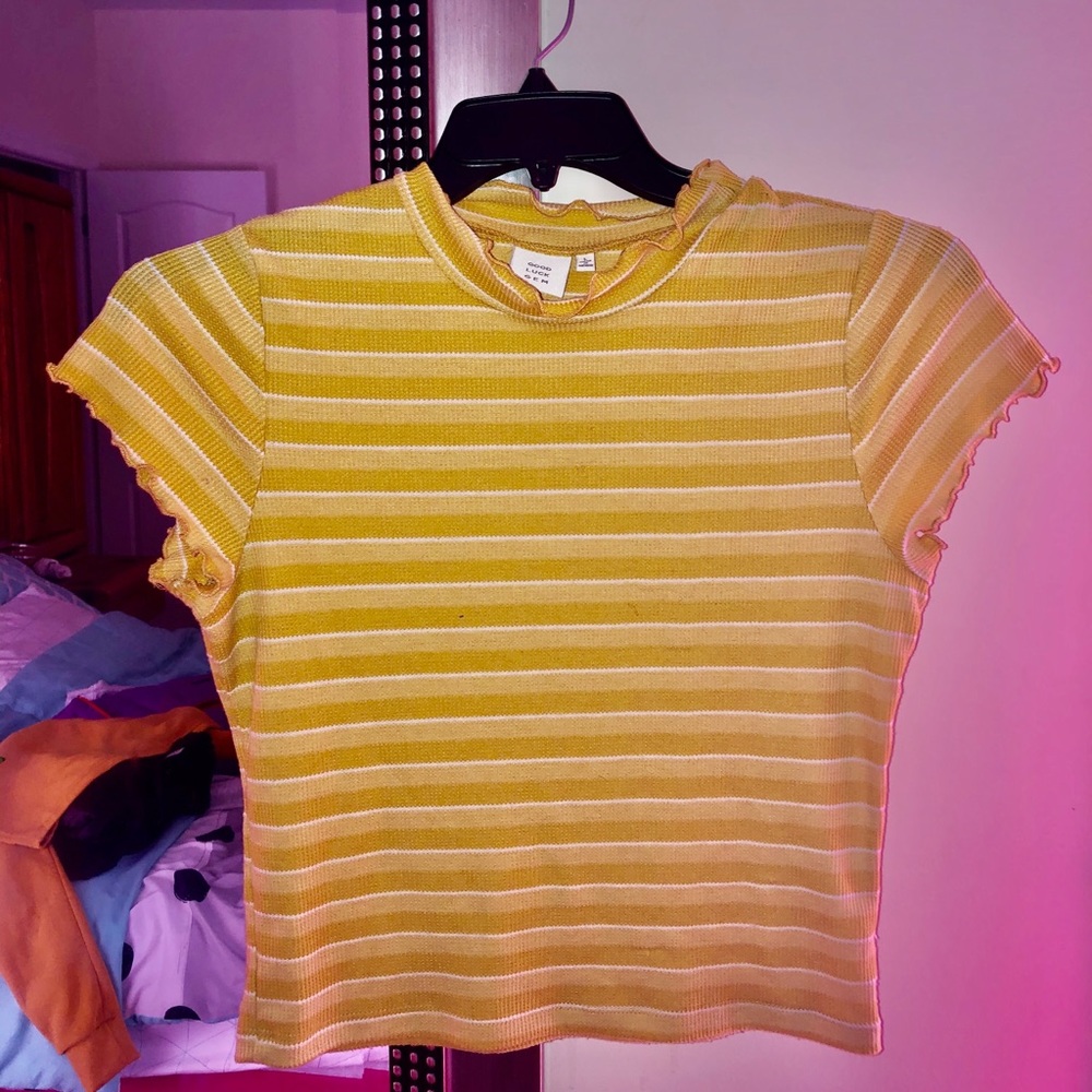 Yellow Striped Crop Lettuce Trim Blouse